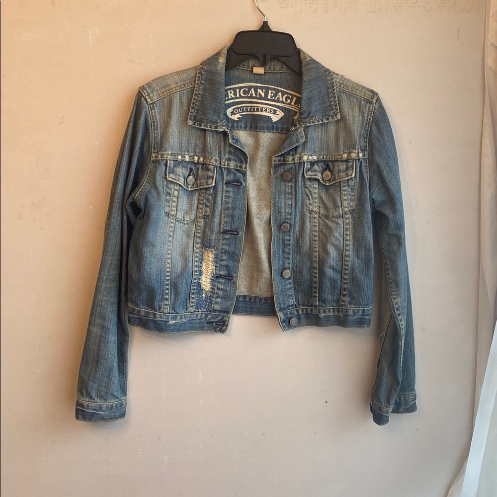American Eagle Outfitters Light Blue Distressed Denim Jacket